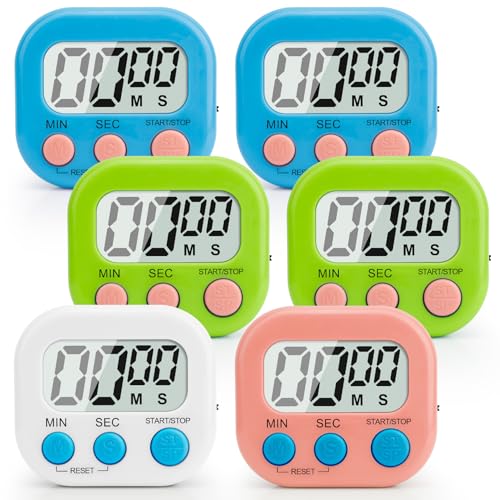 6 Pack Digital Kitchen Timer Multi-Function Magnetic Timers Classroom Timer for Kids Loud Alarm Big LCD Display Electronic Timers for Cooking, Classroom, Exercise, Meeting(Blue, Green, Pink, White) - color: Blue-2pcs & Green-2pcs & Pink & White