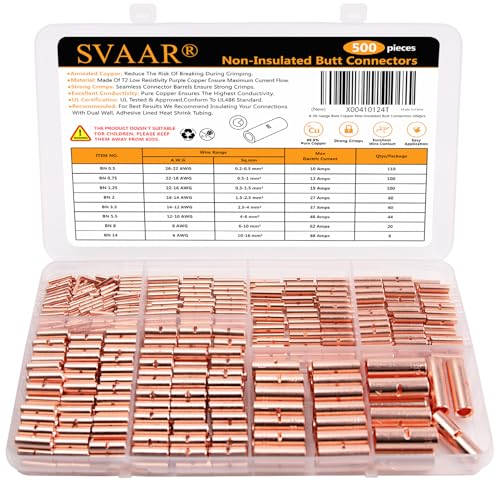 SVAAR 500PCS 26-6 Gauge Non-Insulated Butt Connectors Crimp Butt Splice Wire Connectors Kit, Heavy Duty Seamless Barrel Bare Pure Copper Butt Splice Terminals, Uninsulated Crimp Splice Connector Kit - color: Non-Insulated Splice - Bare Copper