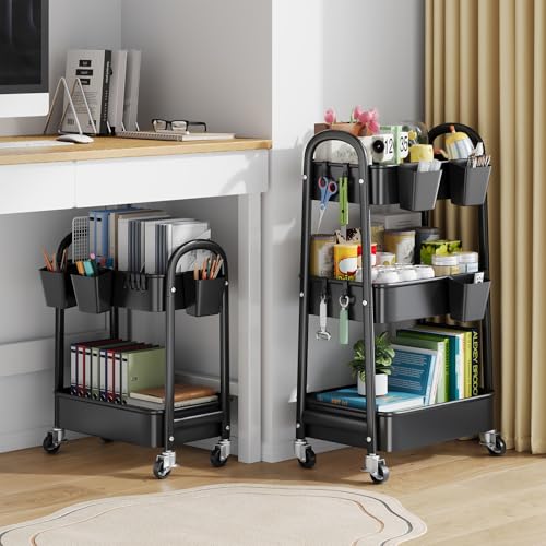 2 Tier Rolling Cart Metal on Wheels,Two Tiered Short Side Table with Wheels - color: Matte Black, size: 2 tier
