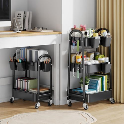2 Tier Rolling Cart Metal on Wheels,Two Tiered Short Side Table with Wheels - color: Matte Black, size: 2 tier