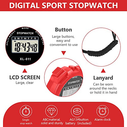 Vicloon Digital Sport Timer, Large Display Stopwatch with Single Lap Split, 12/24 Hour Clock Alarm Date for Coaches & Kids (Red) - color: Red