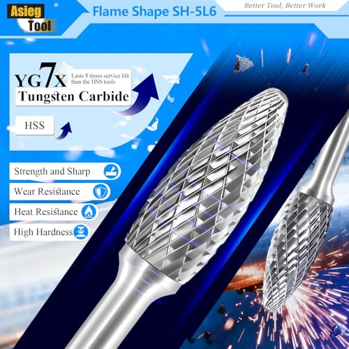 SH-5L6 Tungsten Carbide Burr Rotary Lengthened File Flame Shape Double Cut with 1/4''Shank for Die Grinder Drill Bit - style: SH-5L6