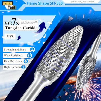 SH-5L6 Tungsten Carbide Burr Rotary Lengthened File Flame Shape Double Cut with 1/4''Shank for Die Grinder Drill Bit - style: SH-5L6
