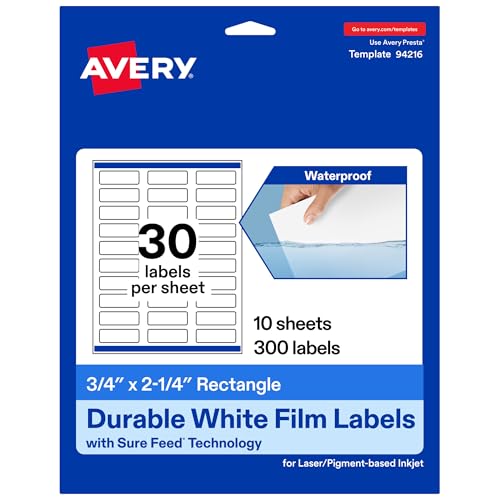 Avery® Printable Durable White Rectangle Labels, Sure Feed® Technology, 0.75" x 2.25", Print-to-the-Edge, Waterproof Labels, Laser & Pigment-Based Inkjet Compatible, 300 Total - style: 300 labels