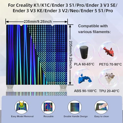 IdeaFormer-3D H1H Smooth Build Plate for Creality K1C/K1/SE/Ender 3 V3 SE/Ender 3 V3 KE/Ender 3 S1/Pro/Ender 5 S1, Flexible Double Sided Light Beam+Phantom H1H Effect Sheet No Magnetic Plate 235x235mm - color: Light Beam+Phantom H1H