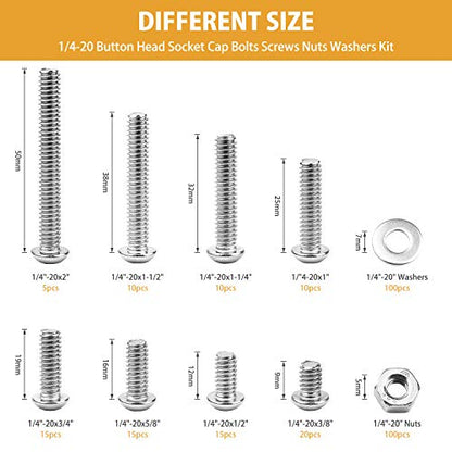 VIGRUE 300pcs 1/4-20 Hex Button Head Cap Screw, 304 Stainless Steel UNC Hexagon Bolts Flat Washers Nuts Assortment Kit Machine Screws Set, 8 Sizes (Length from 3/8" to 2") - size: 300pcs 1/4-20 Button Head