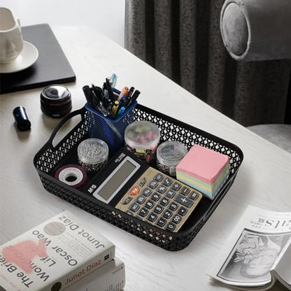Set of 6 Large Plastic Storage Basket Tray, Black Shallow Paper Basket with Handle - size: Large