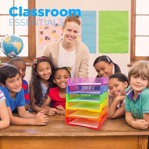4E's Novelty 6 Colorful Plastic Trays for Teachers, Durable Turn in Trays, Classroom Paper Organizers, Stackable Storage Baskets for Office Desk, Classroom Organization Supplies, 13.3" Lx9.2 Wx3 H