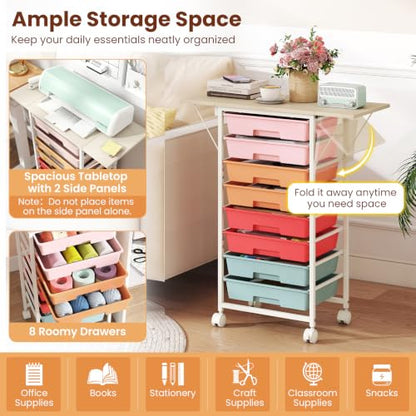 Giantex 8 Drawers Rolling Cart with Wheels, Folding Wood Top - color: Macaron, size: 8 Drawer-26.5"x11"x30"