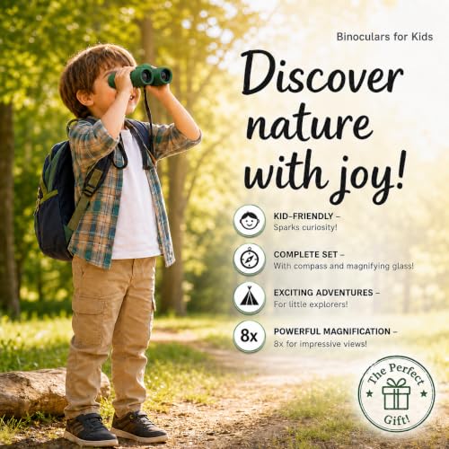 Binoculars for Kids – Perfect Toy for Little Boys and Girls – Extensive Set Incl. Magnifying Glass & Compass – Powerful Magnification 8X21 – 3 to 12 Year Old Kids for Toddler - color: Dark Green