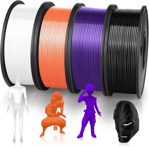 PLA 3D Printing Filament 1.75mm, 250g×4 Spools, PLA Filament Bundle 4 Colors, 1Kg in Total, 3D Printer Filament Dimensional Accuracy +/- 0.02mm, No Clogging&Bubble, Fit for Most FDM Printer - color: White+orange+purple+black