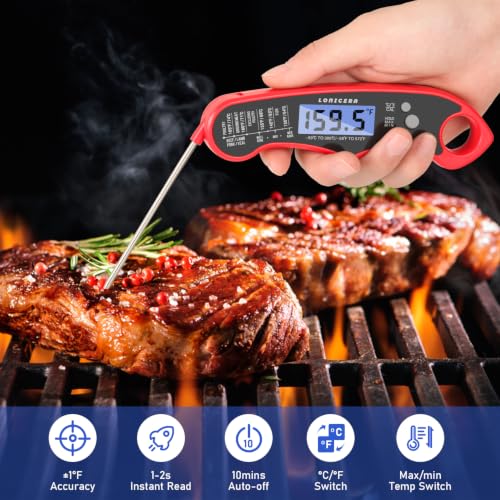 LONICERA Digital Meat Thermometer, 1-4 s Instant Read, Foldable Probe, Red