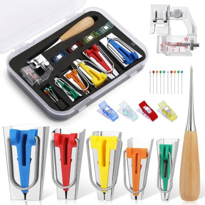 5 Sizes Bias Tape Makers Kit, Binding Foot, Awl, Clips, Bead Needles - color: 5 Colors-1