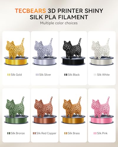 TECBEARS Silk Filament 1.75, Shiny Silk PLA Filament, 3D Printer Filament with Smooth Silky Surface, 250G Spool, 8 Rolls, Gold+Silver+Black+White+Bronze+Red Cropper+Brass+Pink - color: Gold, Silver, Black, White, Bronze, Red Cropper, Brass, Pink, size: 0.