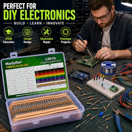 Carbon Film Resistor Kit, 50 Values 1/4W 5% Tolerance Resistors Assortment,0-10M Ohm Through Hole Resistors with Storage Box for Arduino,DIY Electronics Circuit Repair (1/4WJ-50V-1000PCS, Carbon) - style: 1/4WJ-50V-1000PCS