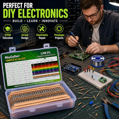 Carbon Film Resistor Kit, 50 Values 1/4W 5% Tolerance Resistors Assortment,0-10M Ohm Through Hole Resistors with Storage Box for Arduino,DIY Electronics Circuit Repair (1/4WJ-50V-1000PCS, Carbon) - style: 1/4WJ-50V-1000PCS