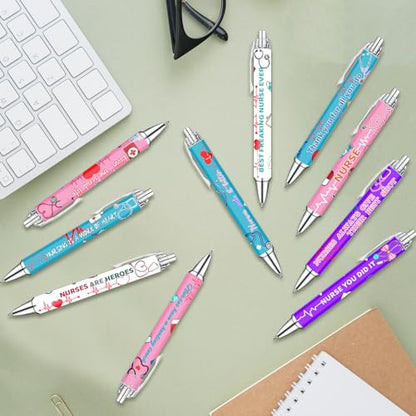 Idealmuzik Nurse Appreciation Week Ballpoint Pens Set of 10 – Nurse Theme Pens with Stethoscope, Heart & ECG Designs and Encouraging Quotes – Smooth Black Ink Pens for Hospital, Office, and Daily Use - color: Medicine