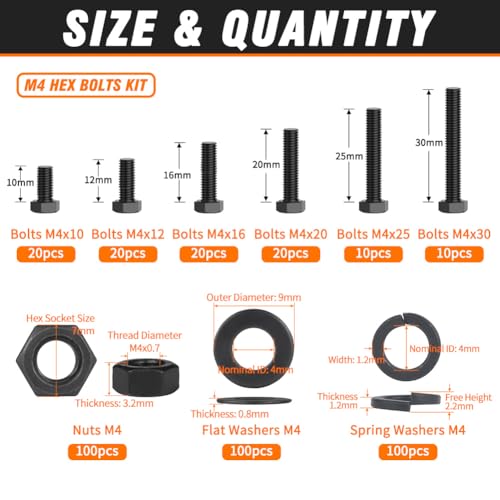 12.9 Grade Bolts and Nuts Assortment, 400pcs M4 Hex Bolt Nut Washers Kit - size: M4 Kits