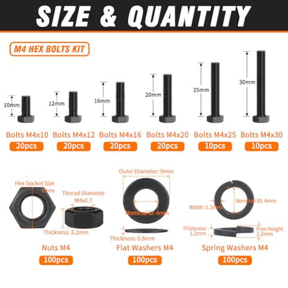 12.9 Grade Bolts and Nuts Assortment, 400pcs M4 Hex Bolt Nut Washers Kit - size: M4 Kits