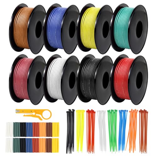 26 AWG Stranded Wire Spool, 32.8ft Each in 8 Colors - Silicone Electrical Tinned Copper Wire, 26 Gauge Flexible Hook Up Wire Kit for DIY, Automotive, Home, and Power Wiring - size: 32.8FT 8 Colors, style: 26AWG
