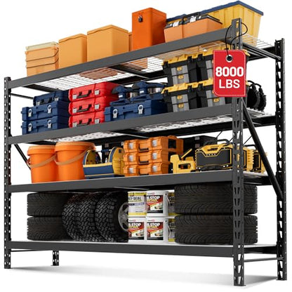 WORKPRO 8000LBS Storage Shelves, 77" Extra-Wide Garage Shelving, Heavy-Duty Metal Shelving Unit, Adjustable 4-Tier Garage Storage Rack for Warehouse, Basement,77" W X 24" D X 72" H, Black - size: 77" W X 24" D X 72" H