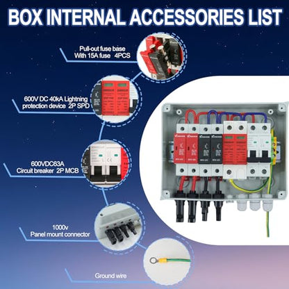 Solar Combiner Box 600V, 2 in 1 Out PV Junction Box with 15A Fuse - color: White-2 inputs and 1 Output