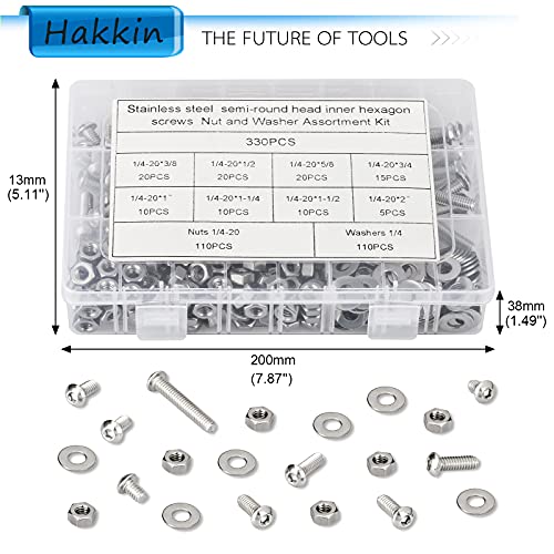 Hakkin 330pcs SAE 1/4-20 UNC Hex Socket Button Head Cap Screw Bolts Flat Washers Nuts Assortment Kit 304 Stainless Steel, 8 Sizes (Length 3/8" to 2"), Machine Screws Set with Storage Case - size: F. 1/4
