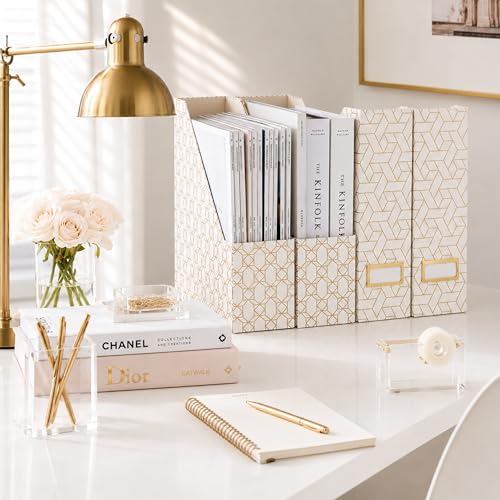 BLU MONACO | Cardboard Magazine File Holder Set of 4 | Vertical Magazine File Holder for Desk and Shelves | Cream Gold Foldable Magazine Holders with Label Slots - color: Cream Gold Woven