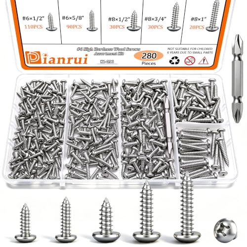 Dianrui 280 PCS 304 Stainless Steel Screws, #6#8 Wood Screws Assortment Kit, Assorted Sheet Metal Screws, ‌Phillips Drive Pan Head Assorted Sheet Metal Screws Marine Grade 1”,3/4”,5/8”,1/2” - color: Silver, size: 280PCS #6#8