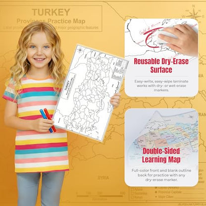 Turkey Map Poster 11x17 | Laminated Double-Sided Geography Chart with Color Map Front & Blank Outline Back | Reusable Classroom & Homeschool Learning Tool - color: Turkey