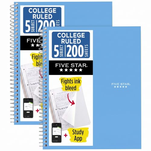 Five Star Spiral Notebook + Study App, 5 Subject, College Ruled Paper, 8-1/2" x 11", Fights Ink Bleed, Water Resistant Cover, Pacific Blue (73635), 200 Sheets (Pack of 2) - color: Blue, size: 1 Count (Pack of 2)
