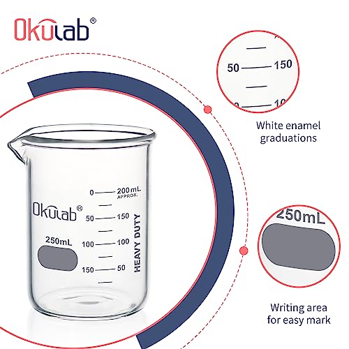 Glass Beakers, Heavy Duty, with Double Scale Printed Graduation. 6pcs of Vol.250ml, HBKG250A6 - style: 6pcs of 250ml