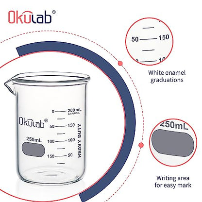 Heavy Duty Glass Beaker Set, Thick-Walled 3.3 Borosilicate Glass Beakers, with Double Scale Printed Graduation, 12pcs of Vol.250ml, HBKG250C12 - style: 12pcs of 250ml