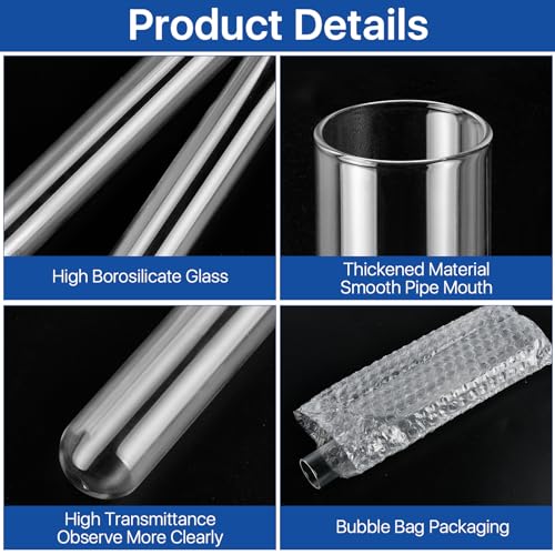 6 Pcs 100ml Large Glass Test Tube,3.3 Borosilicate Clear Big Glass Test Tube Vase for Scientific Experiment,30mm ODx200mm Length Round Bottom Test Tubes for Hydroponic Flower Home Office Decor