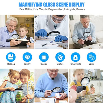 Rechargeable Magnifying Glass with Light, 30X 4.7IN Handheld Large Lightweight Lighted Magnify Len 21 LED 3 Modes Illuminated Book Magnifier forSenior,Reading,Inspection,Coin,JewelryChristmasGift - color: Black+white