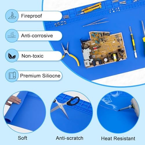 Extra Large Soldering Mat 23.7''x13.8'' 932°F Heat Resistant Silicone Repair Mat Non-Slip Large Workbench Mat for Soldering Iron, Electronic, Phone, Laptop Repair (Blue) - color: Blue