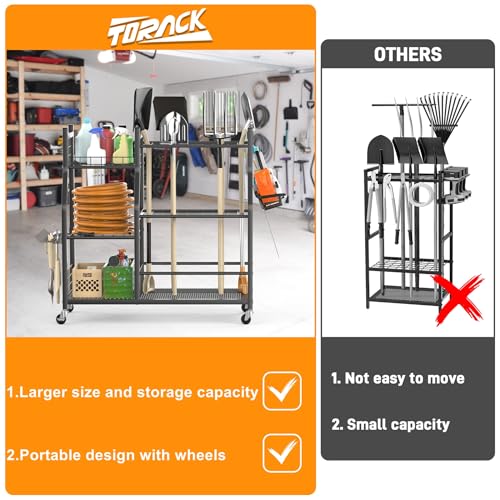 TORACK Garden Tool Organizer with Wheels, Rakes Shovels Yard Tools Stand - style: Tool Stand with Extra Shelves