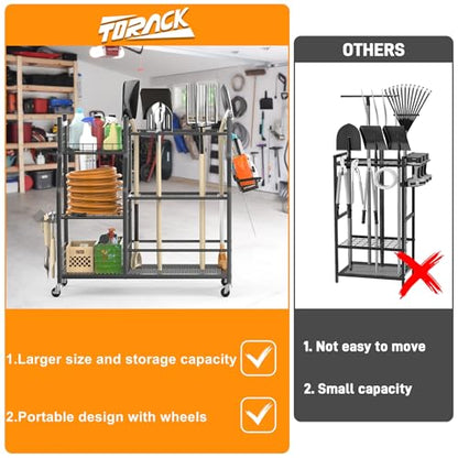TORACK Garden Tool Organizer with Wheels, Rakes Shovels Yard Tools Stand - style: Tool Stand with Extra Shelves