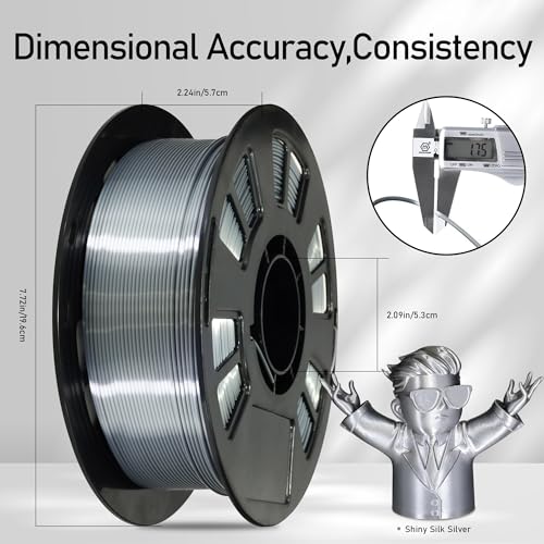 Silk Sliver PLA Satin Shiny 3D Printer Filament, 1.75mm Diameter 1kg Spool 2.2lbs for FDM 3D Printers - color: Silver