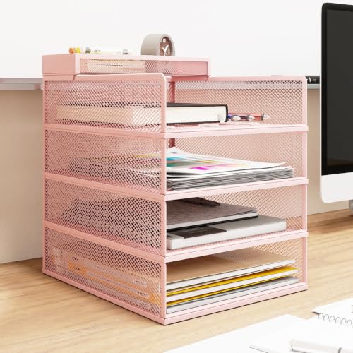 Natwind 4-Tier Stackable Metal Mesh Letter Paper Tray Organizer,Pink - color: Pink, size: 4 tier