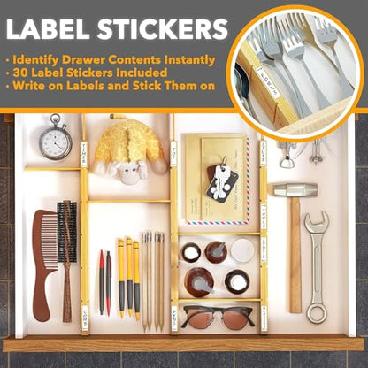 SpaceAid Bamboo Drawer Dividers with Inserts and Labels, Kitchen Adjustable Drawer Organizers, Expandable Organization for Home, Office, Dressers and Bathroom, 6 Dividers with 12 Inserts (17-22 in) - size: 17-22 inch