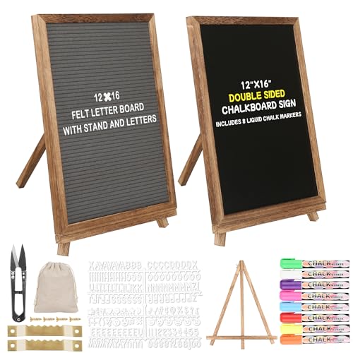 12x16 inch Double Sided Chalkboard and Felt Letter Board with Stand - Reversible Wooden Frame Easel for Menu, Announcements, Home, Office, Cafe, Restaurant Decor - color: Brown