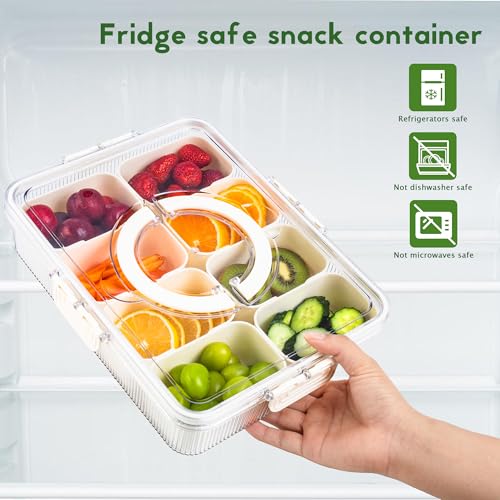 Patent Design Ribbed Snackle Box Container Snack Container Divided Serving Tray with Lid and Handle, 8 Divider Portable Snacklebox for Travel Beach for Charcuterie Veggie Fruit Candy,1 Pack - color: White