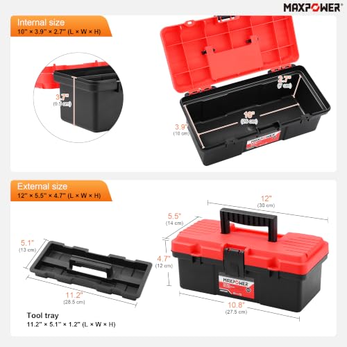MAXPOWER 12-inch Small Plastic Tool Box, Lockable, Removable Tray - color: Red, size: 12"
