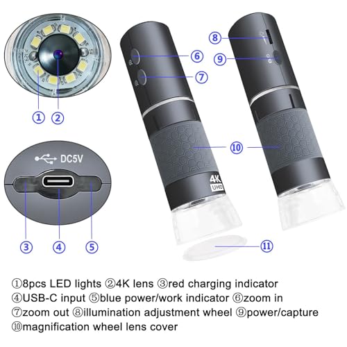 Jiusion 4K 50-1000x WiFi USB Digital Handheld Microscope with Metal Stand - color: Grey