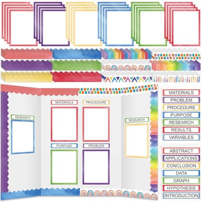 Fuyoooo 90 Pcs Science Fair Board Supplies 60 Trim Scalloped Bulletin Board Borders 24 Presentation Board Subtitles 6 Science Fair Titles for Classroom Display Boards (Watercolor) - style: Watercolor