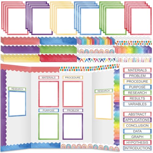 Fuyoooo 90 Pcs Science Fair Board Supplies 60 Trim Scalloped Bulletin Board Borders 24 Presentation Board Subtitles 6 Science Fair Titles for Classroom Display Boards (Watercolor) - style: Watercolor