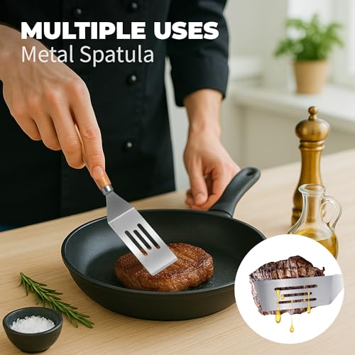 Stainless Steel Mini Spatula,Wooden Handle Small Spatula for Steak,Burger - color: 2 PCS