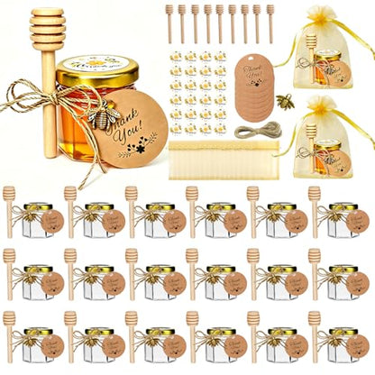 IIKUM 20 Pack Glass Honey Jars, 1.5 oz Hexagon Honey Pots with Lids, Wooden Dippers, Bee Pendants, Gift Bags, Thank You Cards, Jutes and Stickers-Ideal Gift for Baby Shower, Wedding and Party Favors