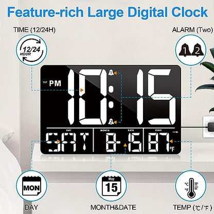 PERSUPER 13" Digital Wall Clock Large Display with Remote, Temp & Timer - style: White